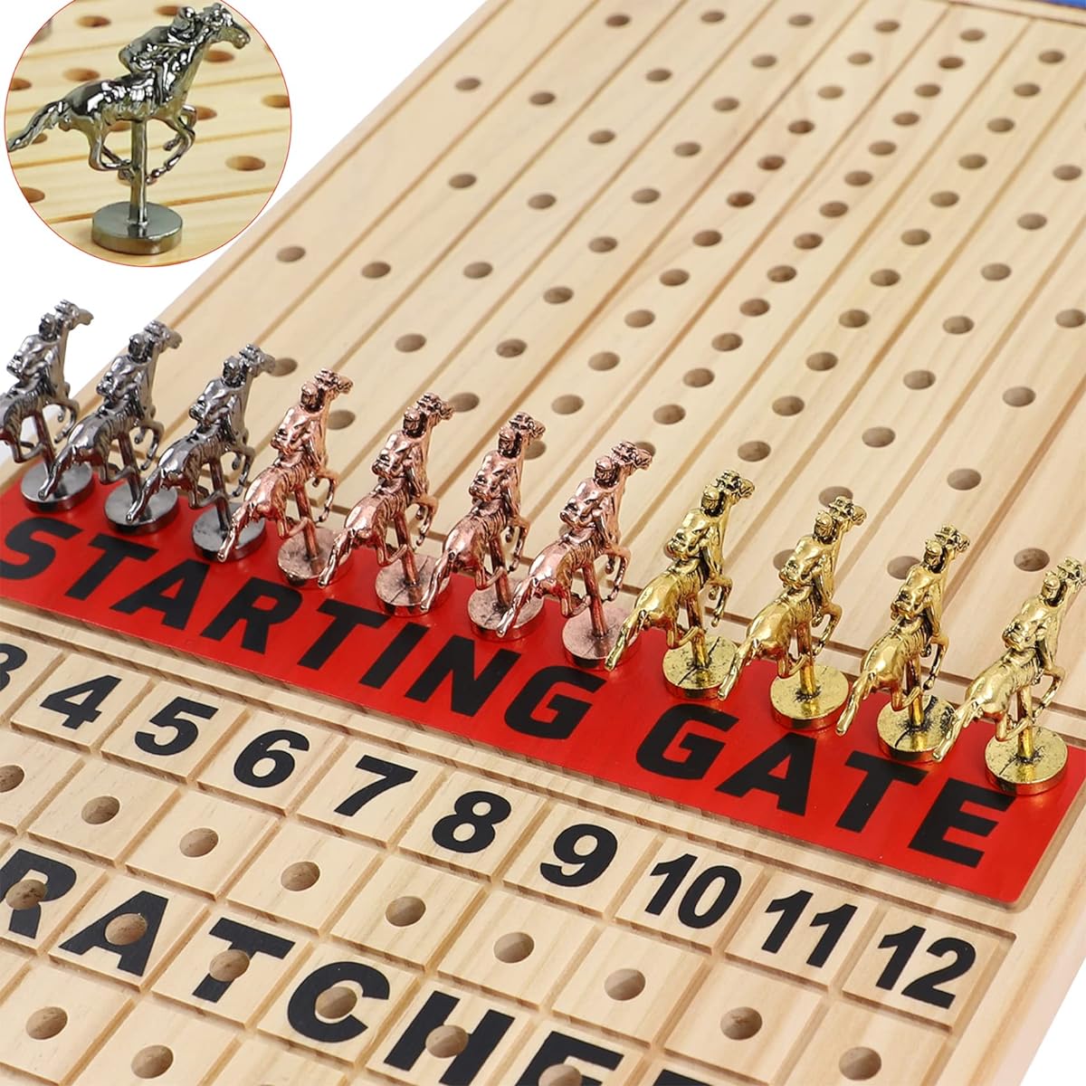 Grhonior Finish LINE Horse Racing Board Game, Race Board Game Premium Metal Craft Horses Thick Pine Game Chess Board with 2 Sets of Dice and 2 Boxes of Cards