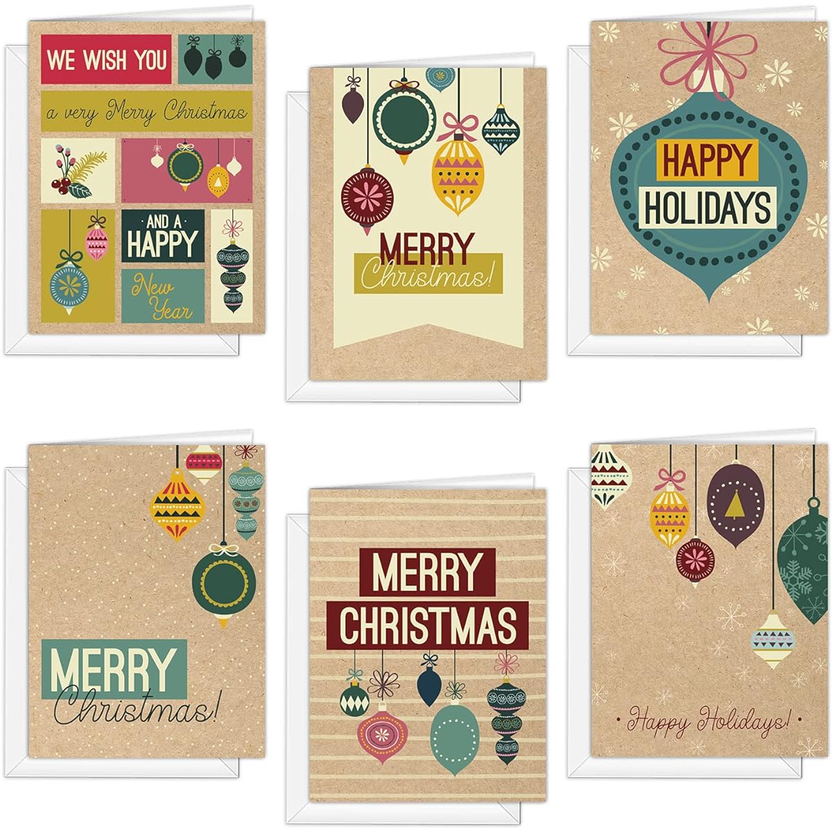Retro Ornament Holiday Cards 4 5/8" x 6 1/4" Faux Kraft Cards Assortment 24 Christmas Cards with White Envelopes 6 Ornament Designs