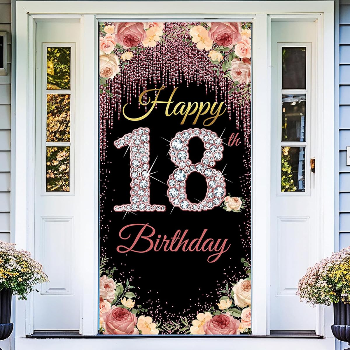 18th Birthday Door Banner Backdrop Happy 18th Birthday for Girls 18th Birthday Photo Props 18th Birthday Party Yard Sign Decorations Outdoor Indoor Heavy Duty Vicycaty