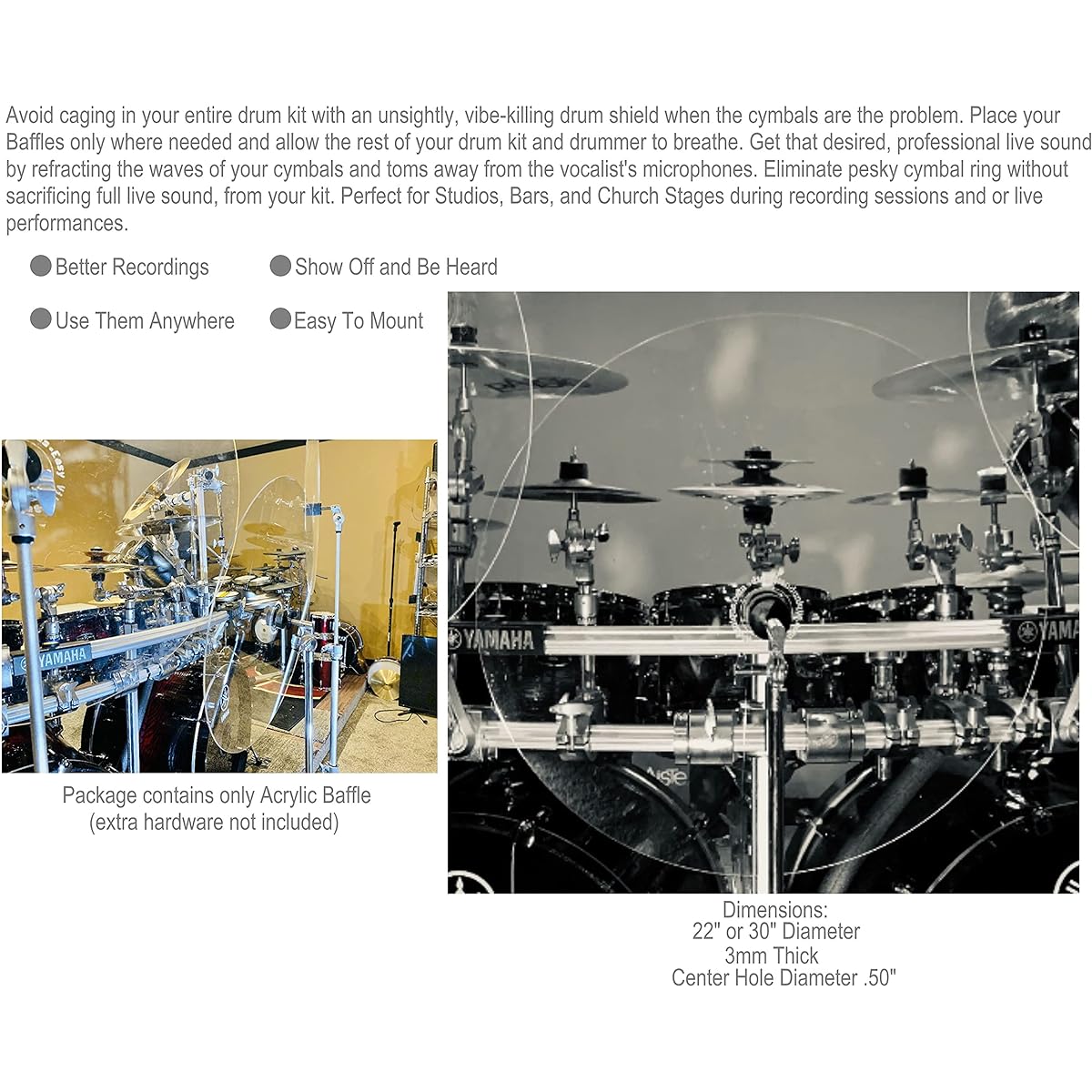 DistinctAndUnique 30" - 2 Pack Crystal Clear Acrylic Drum Kit Baffle - Muffle Live Recording Standard Mount Cymbal Stand Performance Shield Sound Barrier