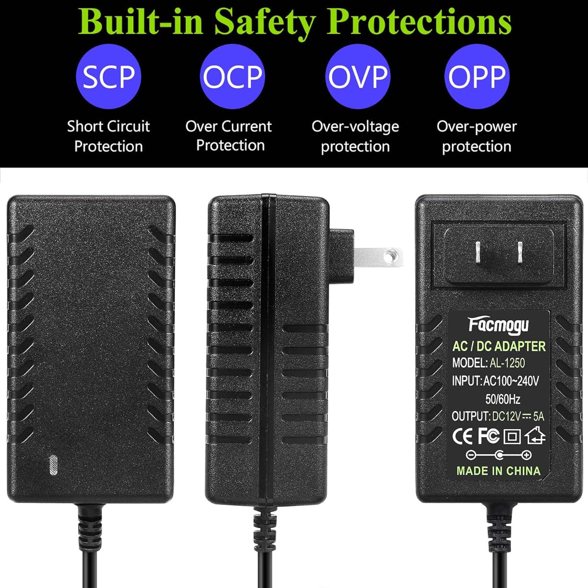 Facmogu 12V 5A Power Adapter Wall Adapter with 150cm/4.92ft Long Cable Wall Plug Transformer AC 100-240V to DC 12V Converter 5.5mm x 2.5mm & 2.1mm Output Jack for Laptop CCTV