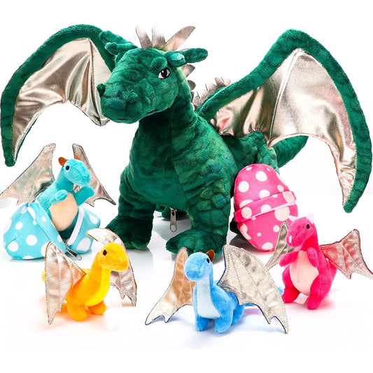 7 Piece Dragon Plush Toy Set, 16" Large Dragon Stuffed Animals, Zippered Dragon Toy, 4 Cute Baby Stuffed Animals and 2 Eggs in Mommy Dragon's Belly, Birthday Gift Party Favors