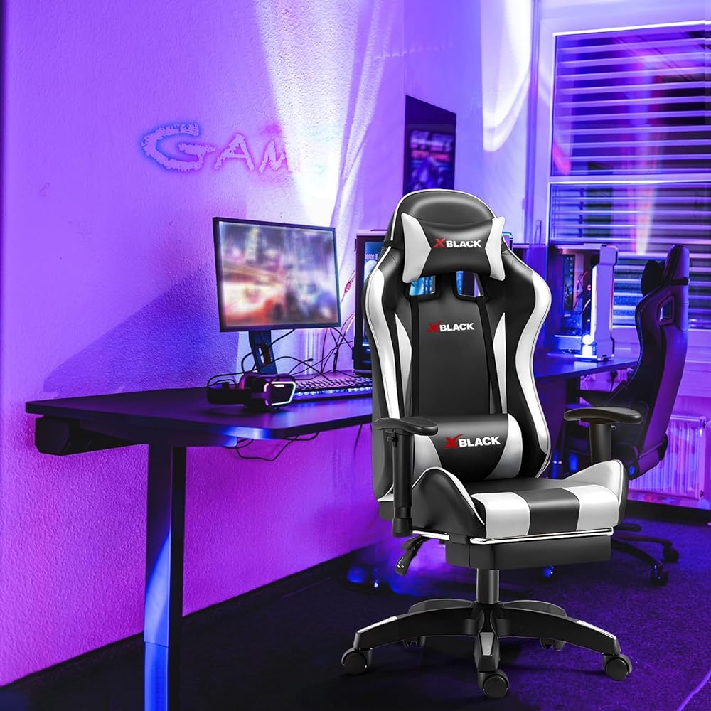 Gaming Chair Office Chair with Footrest Gaming Chair with Ottoman Desk Chair High Back Telework Reclining Headrest Lumbar Support Computer Chair Great Sitting Comfort PU Leather