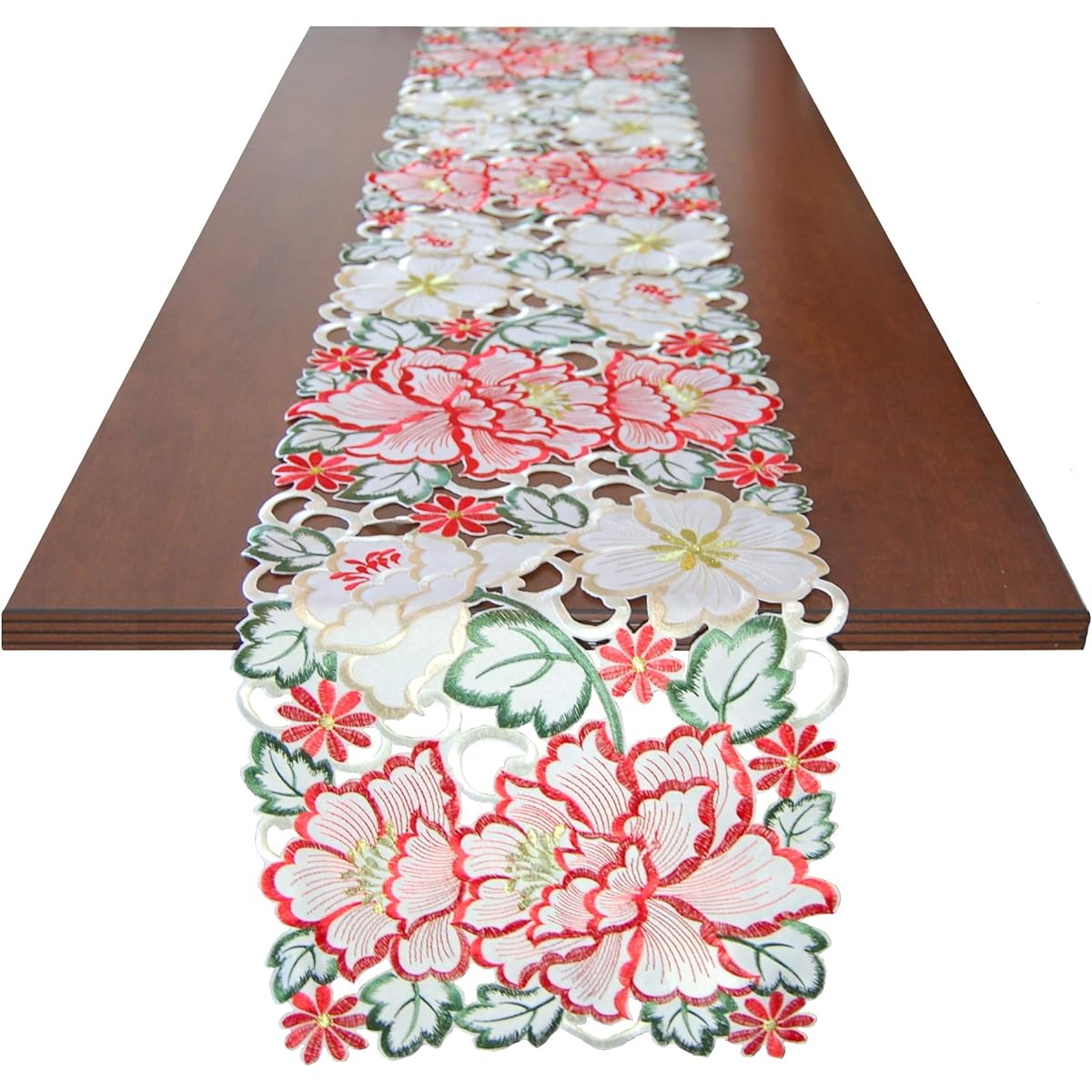 EcoSol Designs - Embroidered Christmas Table Runner Elegant Centerpiece for the Holiday Season White Red Gold Table Runner 13 x 87 Inches