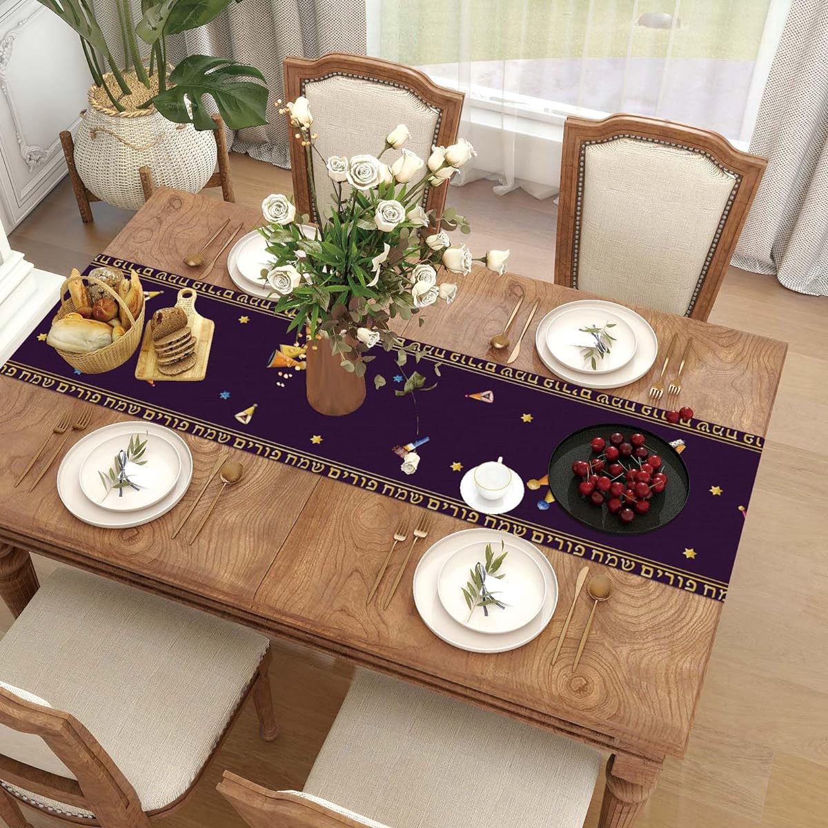 Linen Purple Purim Table Runner 72" Long Purim Tablecloth Jewish Purim Mask Grogars Home Kitchen Dining Room Table Decorations