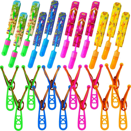 JX Rocket Slingshot Flying Toy with LED Lights, 12 LED Arrow Helicopters + 12 Launchers, Summer Outdoor Games, LED Slingshot Toys for Kids, Glow in the Dark, Kids Party Supplies