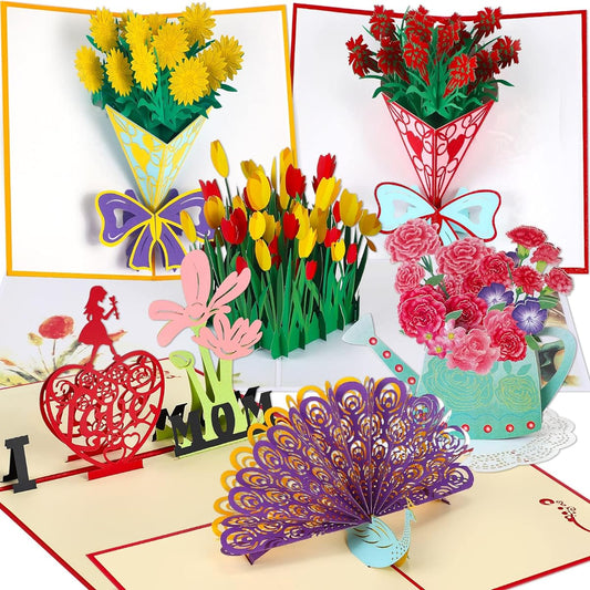 6 Pieces Pop Up Mother's Day Card Flower 3D Greeting Card Mother's Day Birthday Anniversary Wedding Valentine's Day