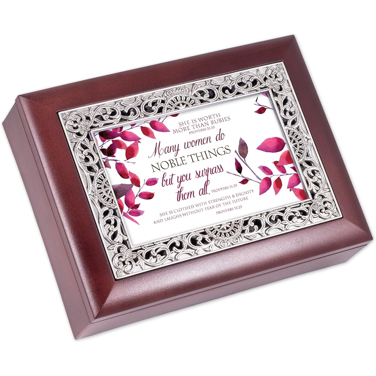 Proverbs 31 Woman Leaves Ornate Rosewood Jewelry Music Box Plays Wonderful World