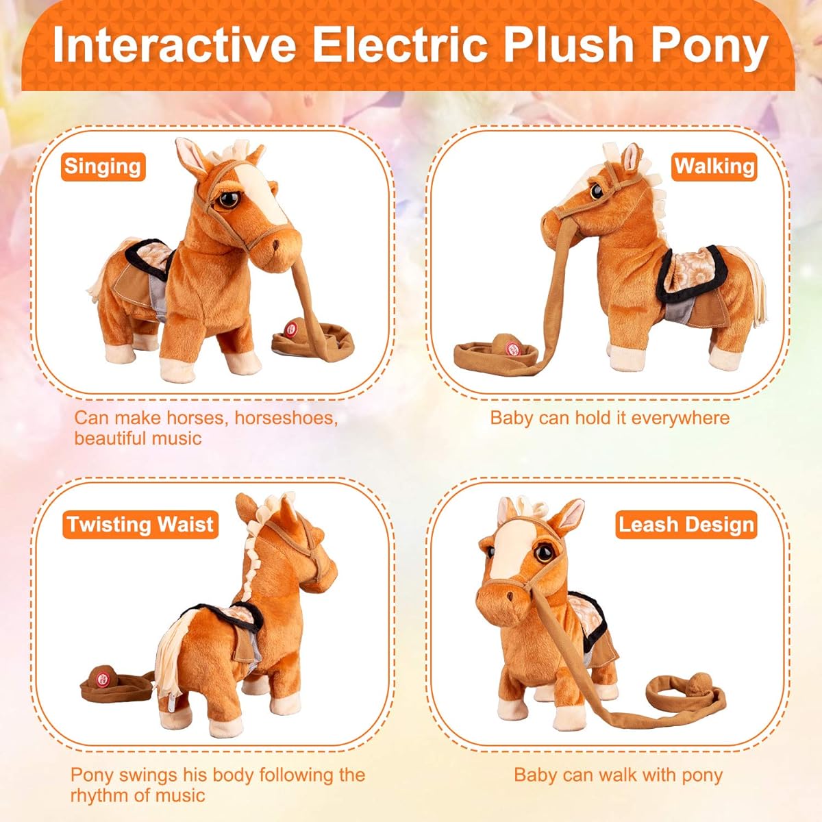 Walking Pony Toy Musical Singing Dancing Plush Interactive Pony Walk Along Horse Stuffed Animal with Leash Swinging Head and Butt Toy for Boys Girls Kids Ages 3+ Height: 11.8"