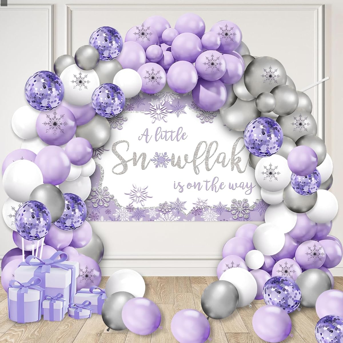 AIBIIN Baby Shower Balloon Kit Winter Snowflake 80pcs Purple Baby Shower Photography Background Banner Package Purple and Silver Glitter Snowflake Wonderland Photo Oh Baby Banner