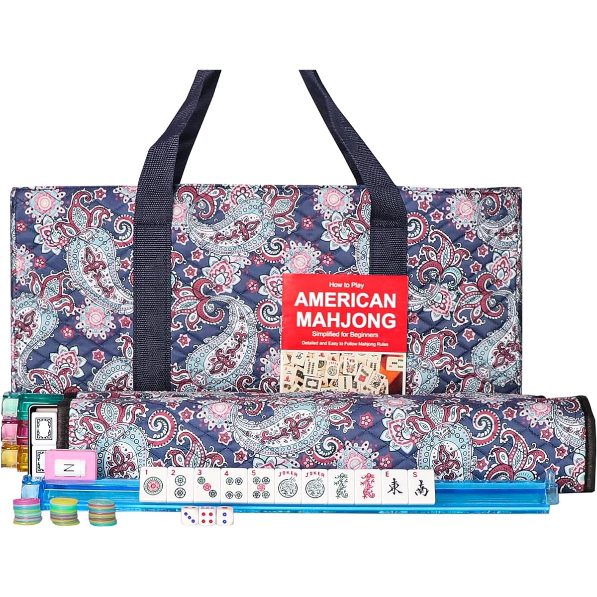GUSTARIA American Mahjong Game Set, 166 Premium White Tiles, 4 All-in-One Color Racks/Pushers, Mahjong Tile Set, Printed Carry Bag