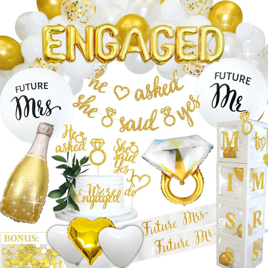 248 Pieces Premium Engagement Party Decorations Gold and White Bridal Decor, Includes He Asked She Said Yes Banner, Engagement Letter Balloons, Future Mrs and Mr Balloons & Sash Ring Balloons in Box and More