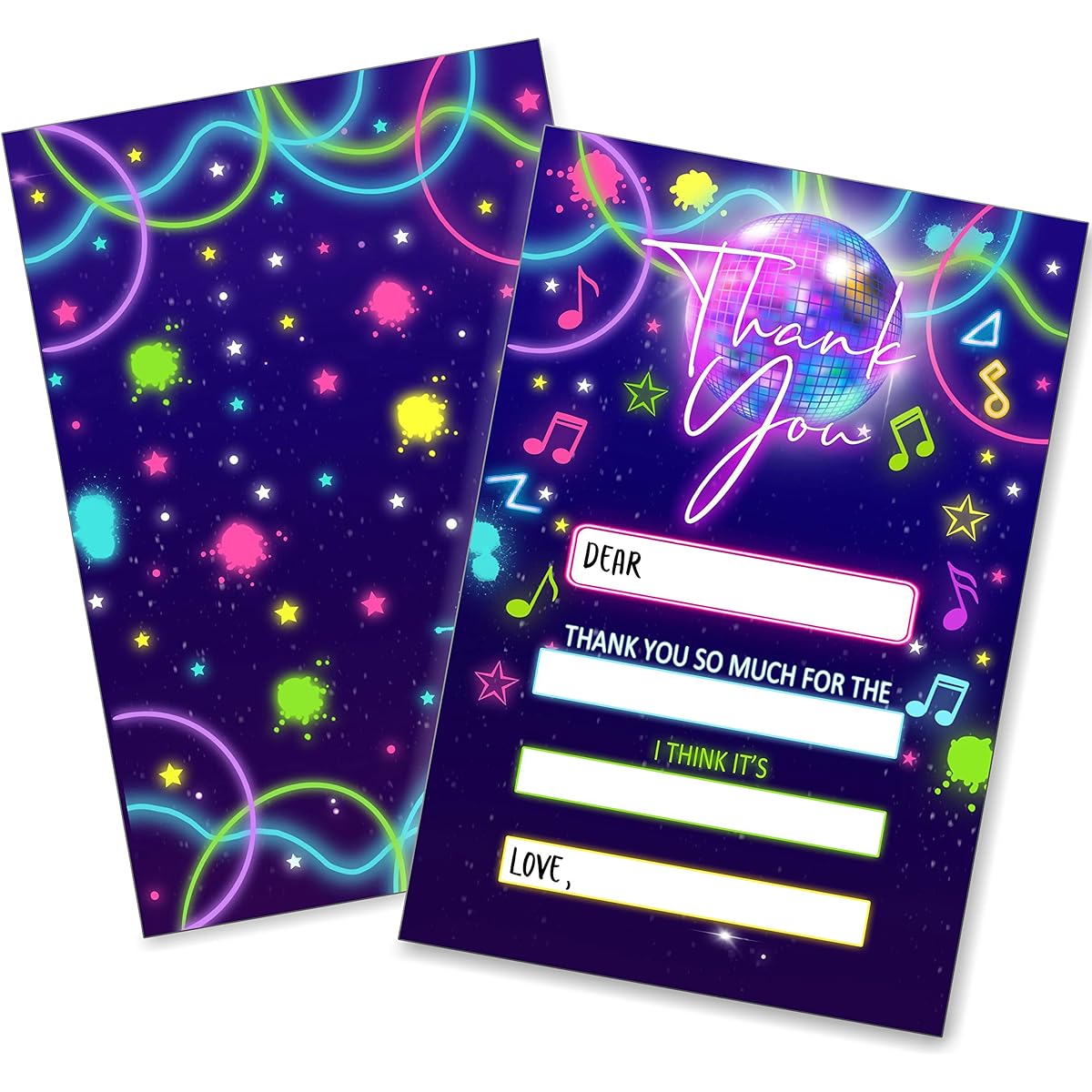 Birthday Thank You Cards, Fill in the Blank Thank You Cards for Disco Dance Theme Birthday Party Supplies Decorations, 20 Cards, 20 Envelopes (SRGXK006)