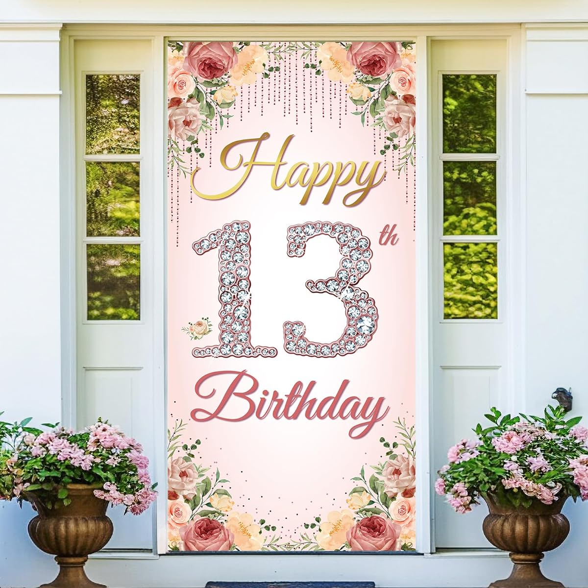 HTDZZI 13th Birthday Door Banner Backdrop Happy 13th Birthday Decorations for Girls Rose Gold 13th Birthday Party Yard Signs Poster Pink Floral 13th Birthday Photo Booth Props Fabric Sturdy
