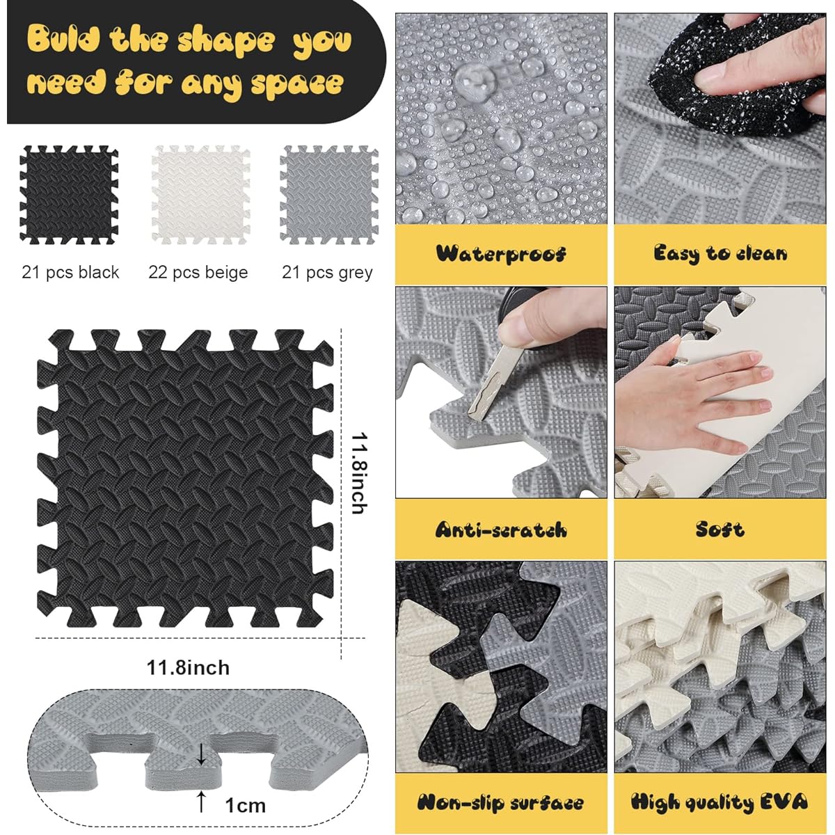 Baby Play Mats 64 Piece Interlocking Toddler Foam Mats Puzzle Play Mats Babies Square Foam Floor Mats for Gym Nursery Playroom (Black, White, Grey)