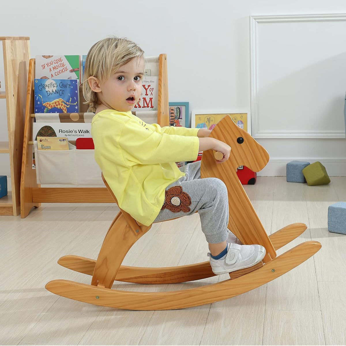 KRAND Wooden Rocking Horse Baby Ride-on Toy, Toddler Rocking Horse Classic Design with Pedals and Safe Backrest, Blue