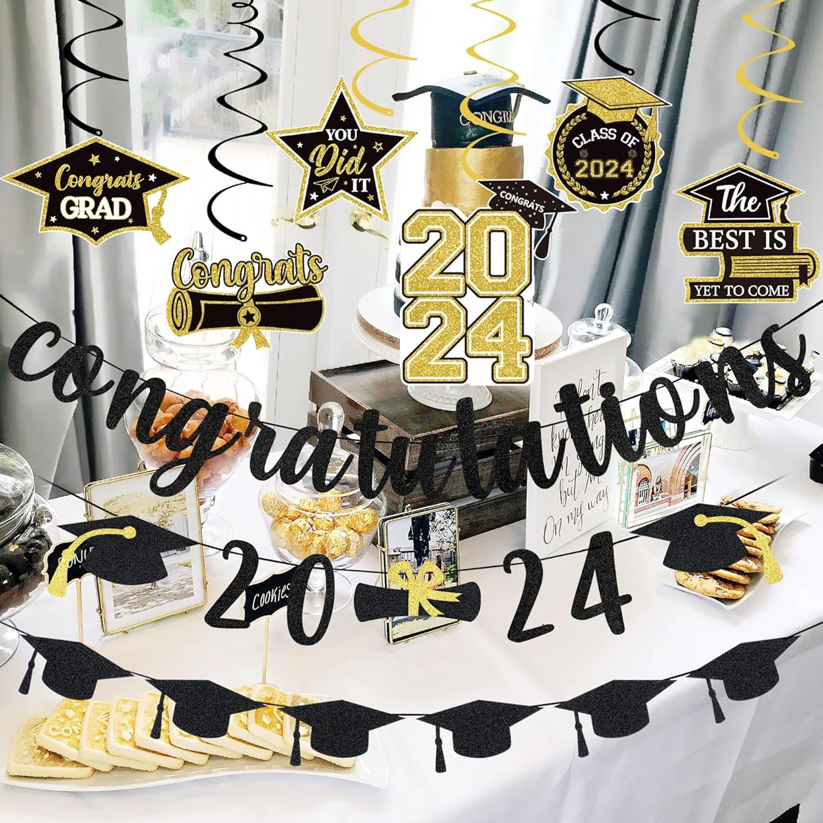 Black Congratulations 2023 Banner and Graduation Hanging Swirls, 2023 Congratulations Graduation Banner Congratulations Graduation Banner Black Congratulations Graduation Party Decorations 2023