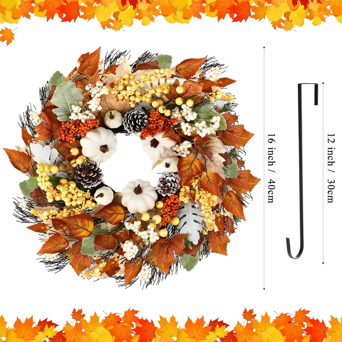 Tisancy Autumn Wreath, Fall Entryway Wreath, 16" Harvest Wreath, Pumpkin Pine Cone, Berry, Maple Leaf, Fall Decor Supplies, Indoor Outdoor Window Wall Farmhouse Thanksgiving Decor