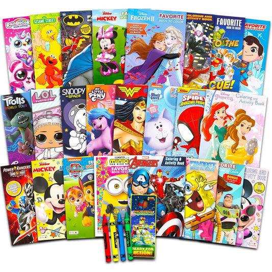 24 Bulk Coloring Books for Kids Ages 4-8 - 24 Licensed Coloring Activity Books for Boys and Girls | Set Includes Full Size Books, Crayons, Stickers, Games, Puzzles and More (No Duplicates)