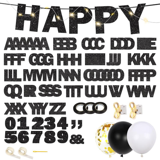 158 Pieces DIY Glitter Customizable Banner Kit Custom Banners Includes Letters, Numbers, Ropes, Lights, Balloons, Customized Banners & Personalized Banners for Birthday, Christmas, Baby Shower - Black