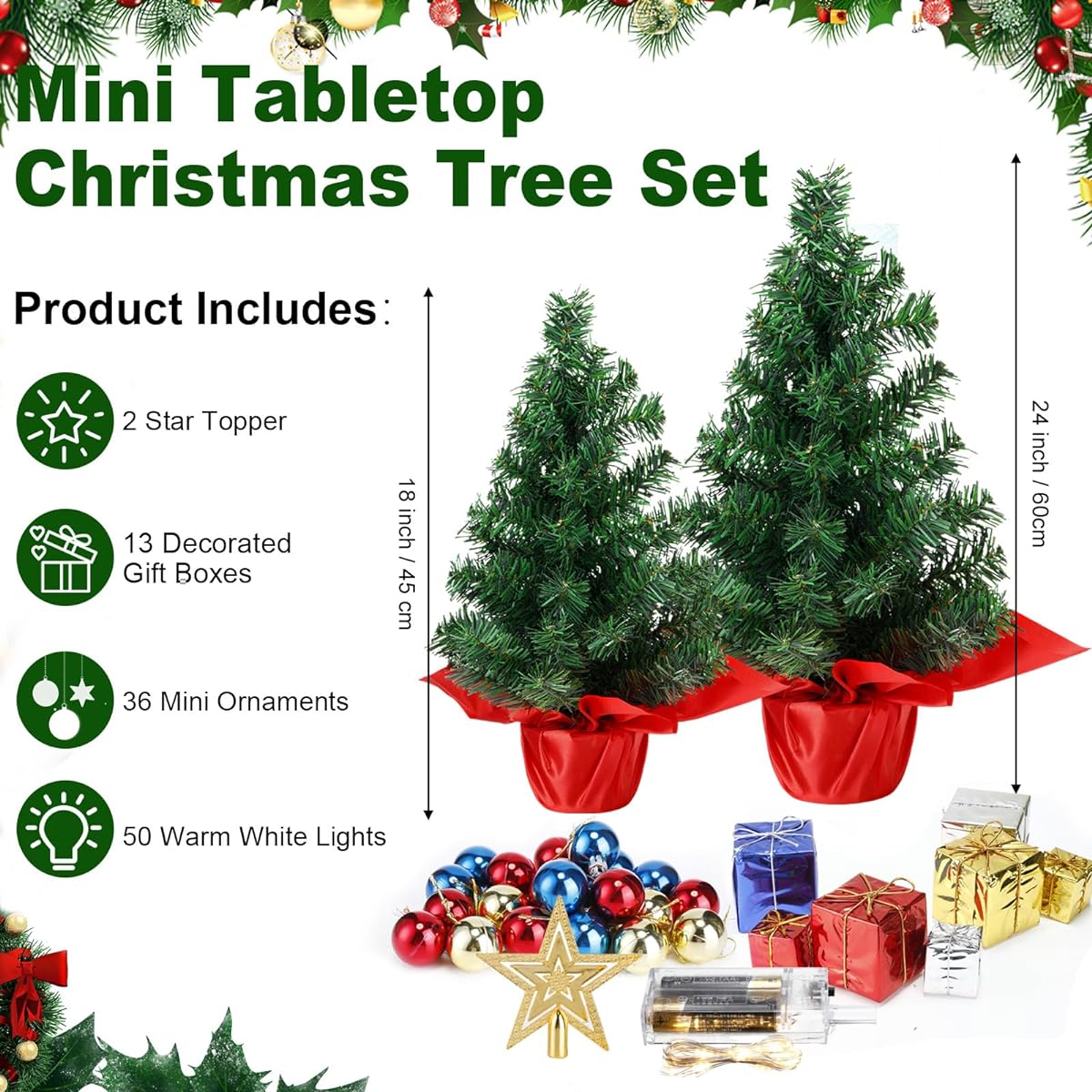 Wettarn Tabletop Mini Christmas Tree Set, 2 Pieces 18" and 24" Tabletop Christmas Tree, Mini Artificial Tabletop Christmas Tree with LED Lights, Ornament Balls, Start Tree, Decorative Gift Box