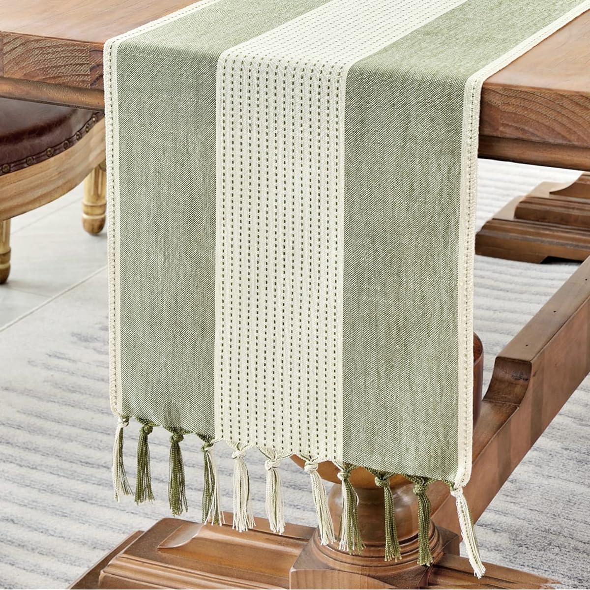 Wracra Linen Table Runner Farmhouse Macrame Table Runner 60" Long for Dining Table Decor, Wedding, Party, Dresser Decor, Sage Green, 60"