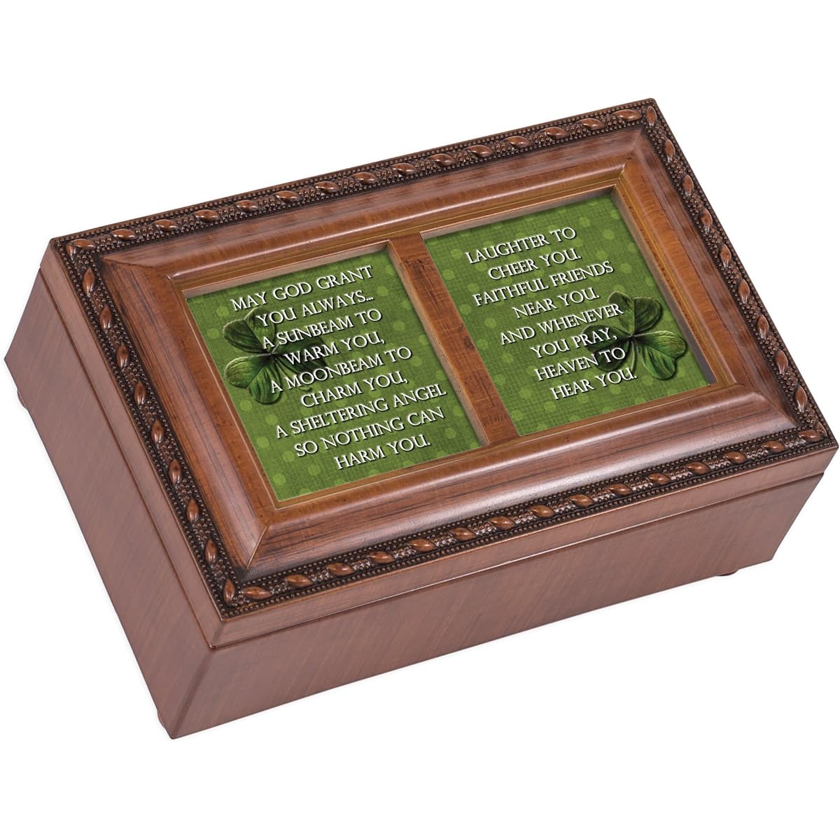 God Grant Shamrock Wood Finish Small Jewelry Music Box Plays Irish Lullabies
