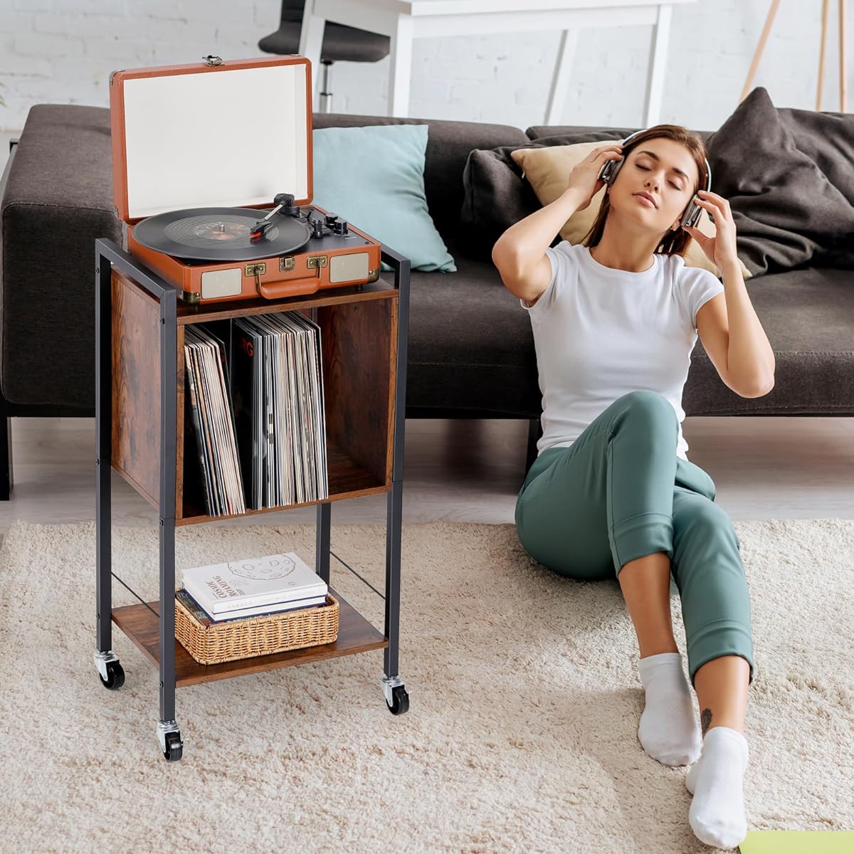 Record Player Stand 3 Tier Record Player Cabinet Metal Frame Industrial Retro Record Player Table Turntable Stand with Wheels Vinyl Record Storage Holder Holds Up to 100 LPs for Living Room