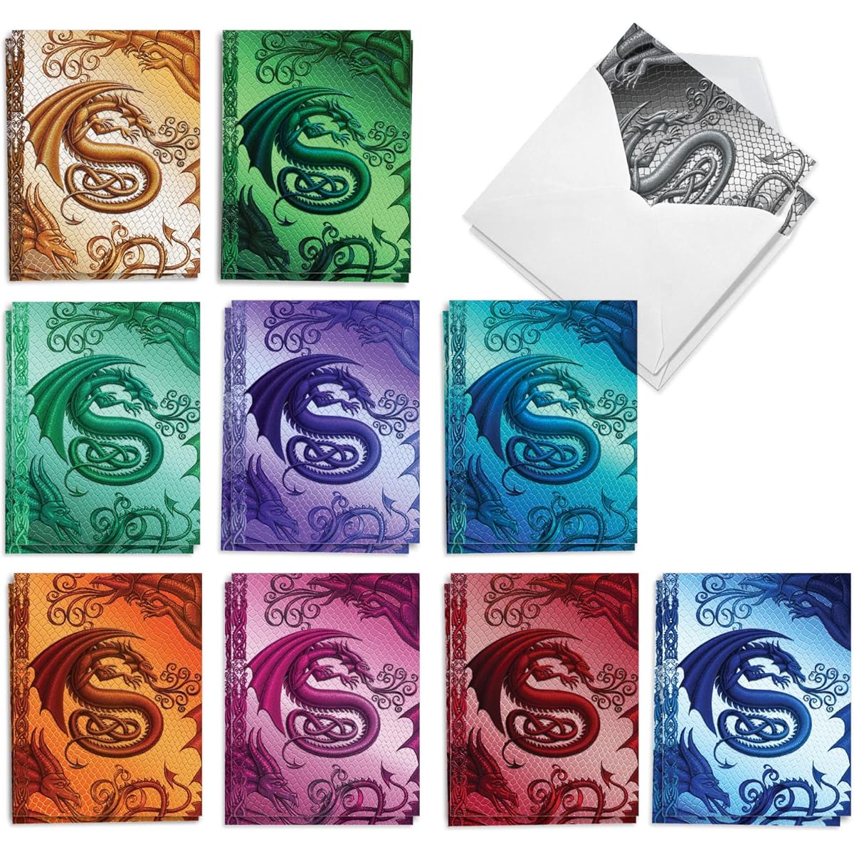The Best Card Company 20 Assorted Blank Note Cards Box Set 4 x 5.12 Inch with Envelopes (10 Different Designs, 2 of Each) Dragon Initial S AM10315OCB-B2x10