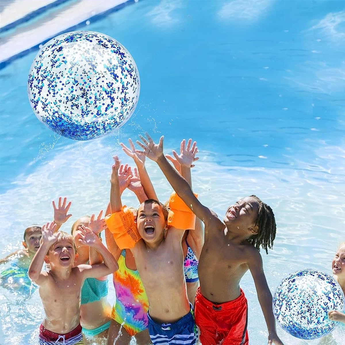 Inflatable Beach Balls Bulk Jumbo 16 Inch Glitter Pool Toy Balls for Pool, Beach, Summer Pool Parties - Swimming Pool Games Water Beach Toys Kids Party Favors Luau Decorations Blow Up Beach Balls (Pack of 12)