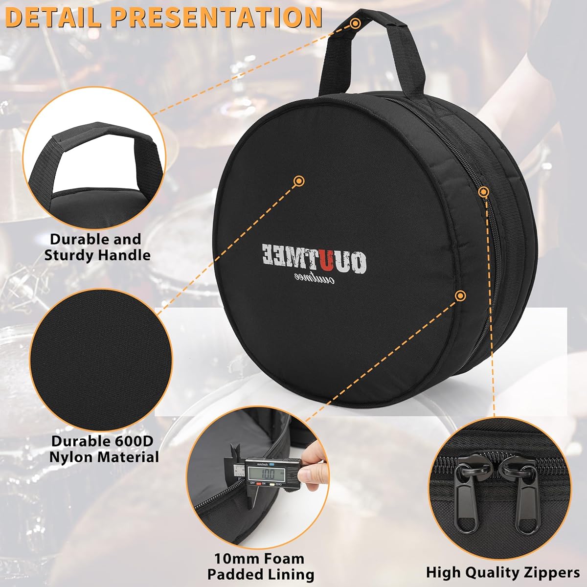 OUUTMEE Drum Bag for Snare 14"x5.5"/14"x6.5" 10mm Thick Padded Travel Drum Case