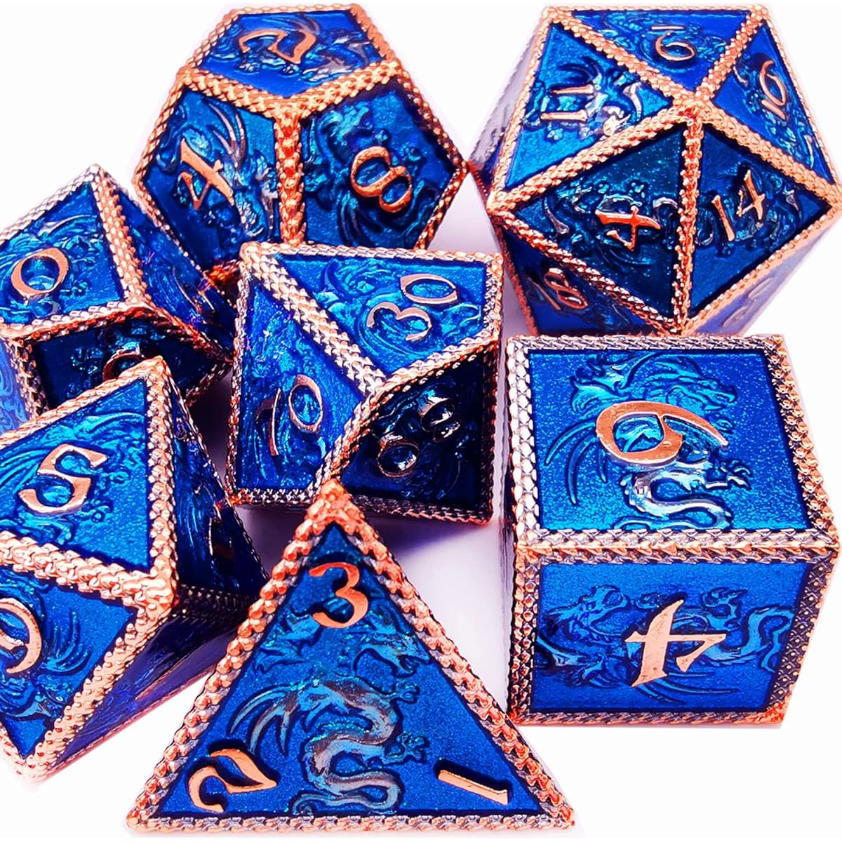 HAOMEJA Dungeons & Dragons Dice Metal Dragon Dice Set DND D&D Dice RPG Game Glitter Red Copper Blue