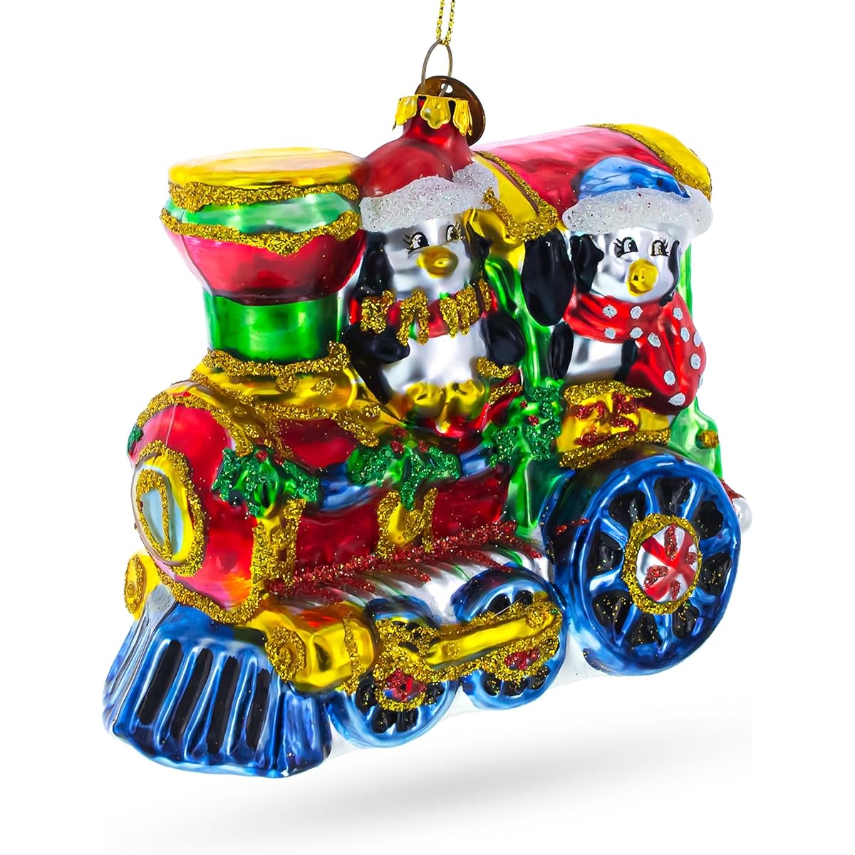 Penguin on a train glass Christmas ornament