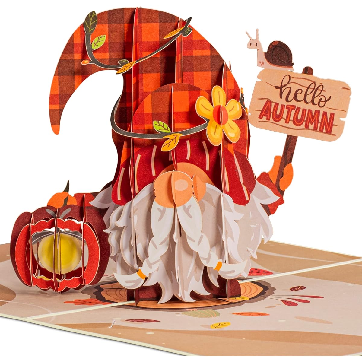 Paper Love 3D Fall Gnome Pop Up Card - Handmade Pop Up Greeting Cards for Fall, Thanksgiving, Just Because - 5" x 7" with Envelope and Note Tag