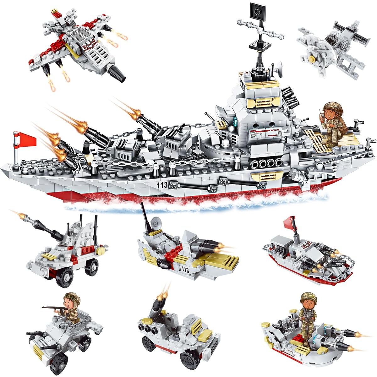 PinkBee Military Battleship Building Set, 33 in 1 Police Warship Patrol Boat Toy Kit Navy Ship Construction Engineering Birthday Gift for 6-12,8-12 Years Old (Over 800 Pieces)