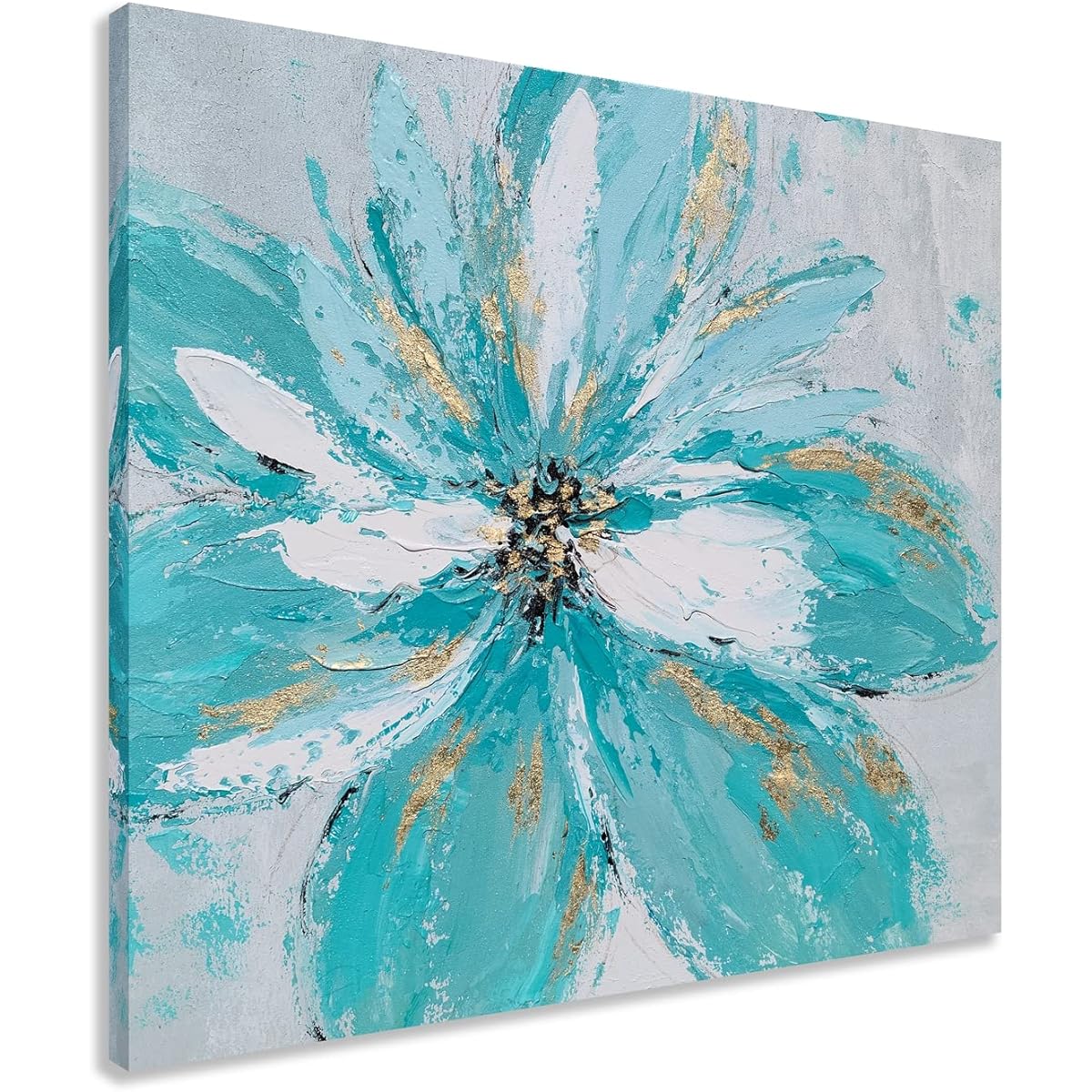 GALLERIEWALLA Hand Painted Floral Paintings Gold Foil - Teal and White Flowers Canvas Wall Art - Abstract Square Artwork for Living Room Dining Bathroom Decor