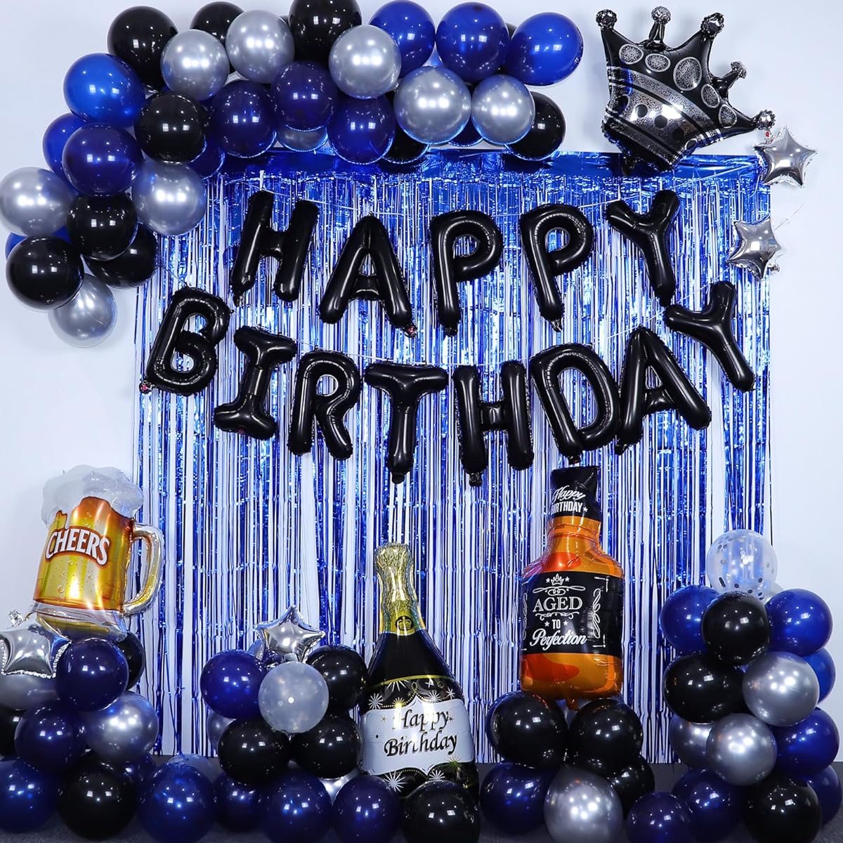 Blue and Black Happy Birthday Decorations Men's Birthday Decorations with Banner Fringe Curtain Beer Crown Foil Balloons Balloon Kit for 21 Years Old 25 Years Old 27 Years Old 30 Years Old 35 Years Old 40 Years Old 50 Years Old 60th Birthday Decorations
