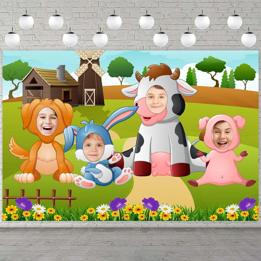 Animal Photo Banner Background Backdrop Big Cow Pig Rabbit Dog Face Pretend Play Party Game Farm Theme Decoration 1st Birthday Baby Shower Booth Props Favors Decoration Multicolor