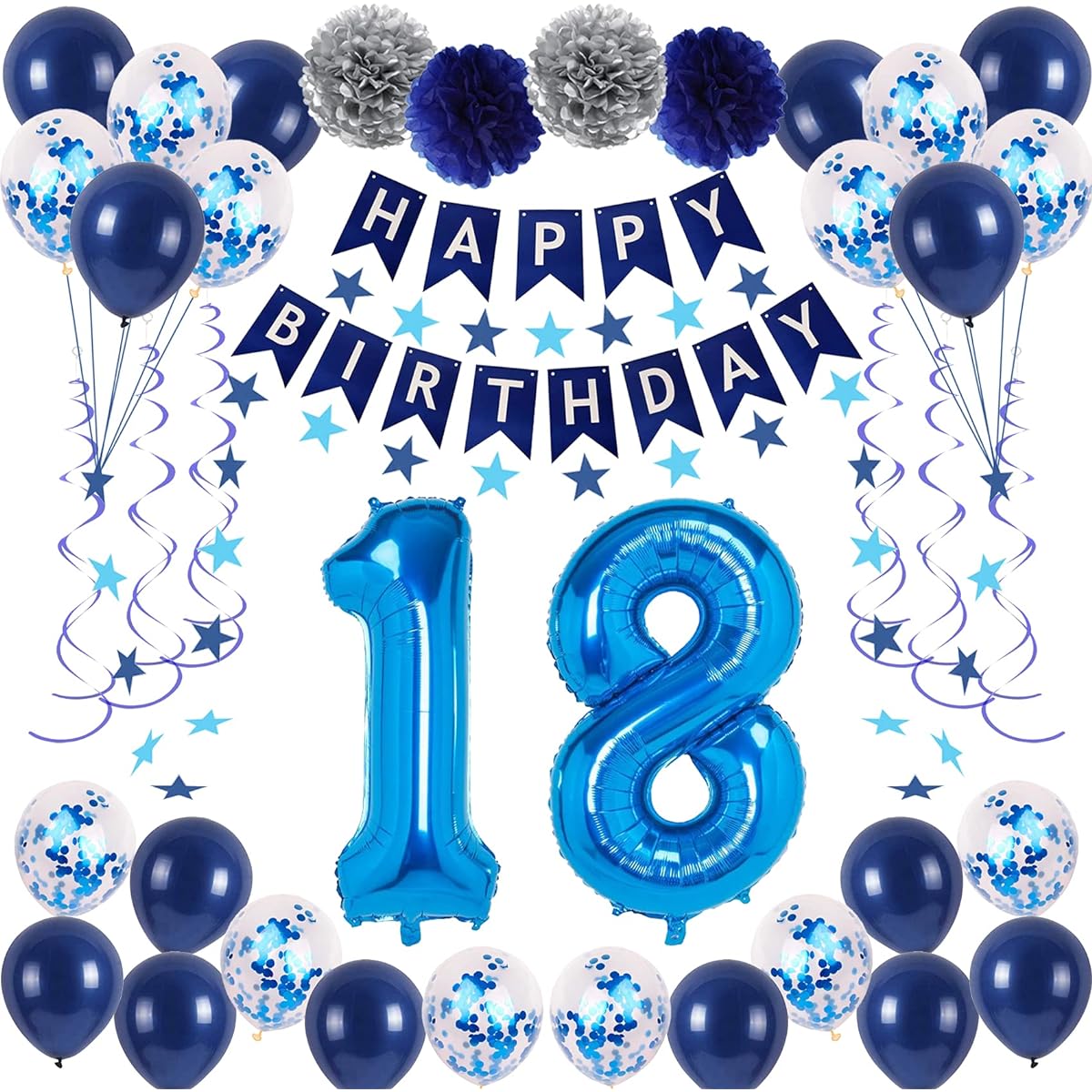 NANINUNENO 18th Blue Birthday Party Decorations for Boys Girls Men Women Happy 18th Birthday Balloons with Happy Birthday Banner, 18 Number Balloons, Blue Star Streamers, Hanging Swirls