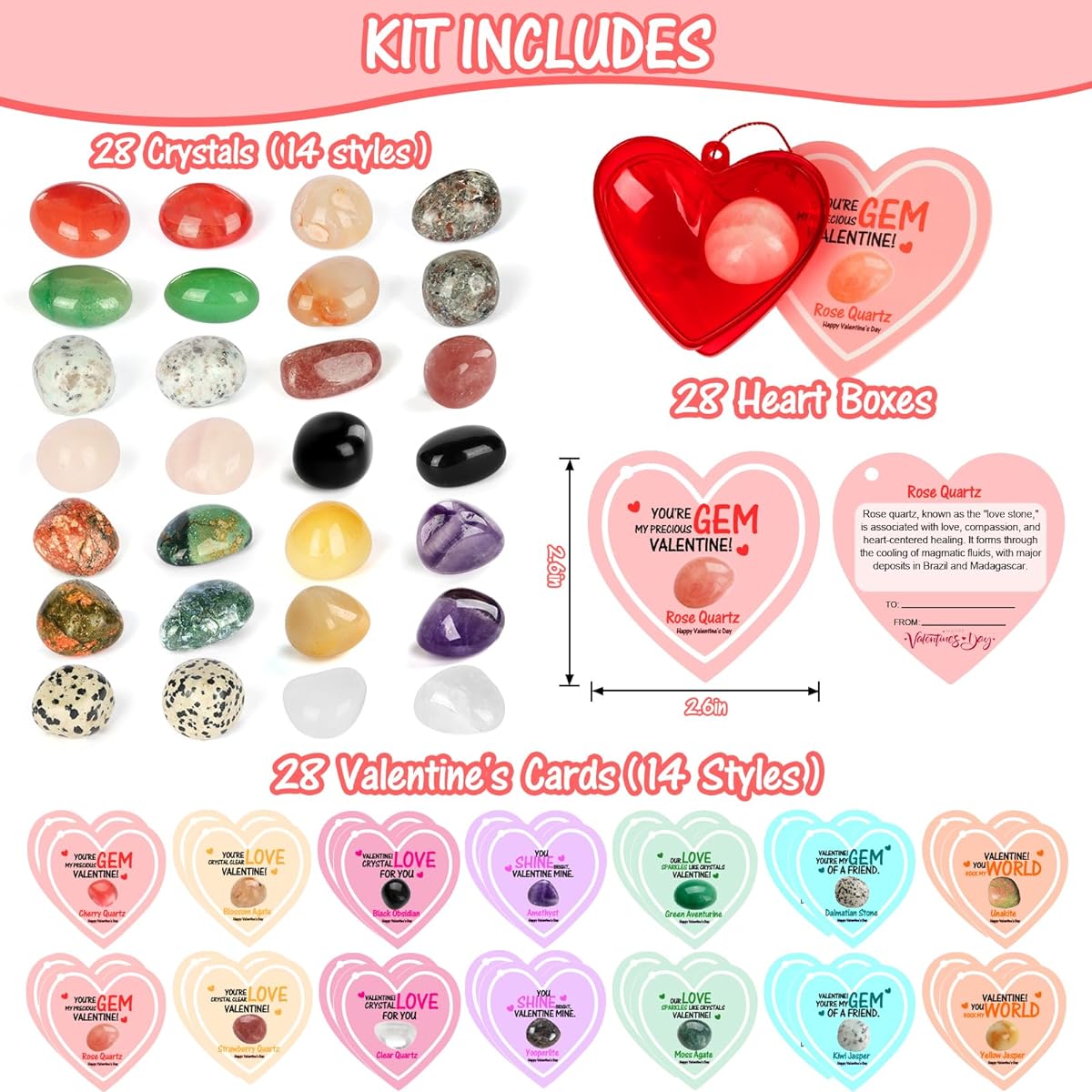 JELMOK Valentine's Day Gifts for Kids - 28 Set Valentine Exchange Cards with Gem Crystals Rock Minerals Bulk Valentine's Day Cards for Girls Boys School Class Kids Classroom Party Favors
