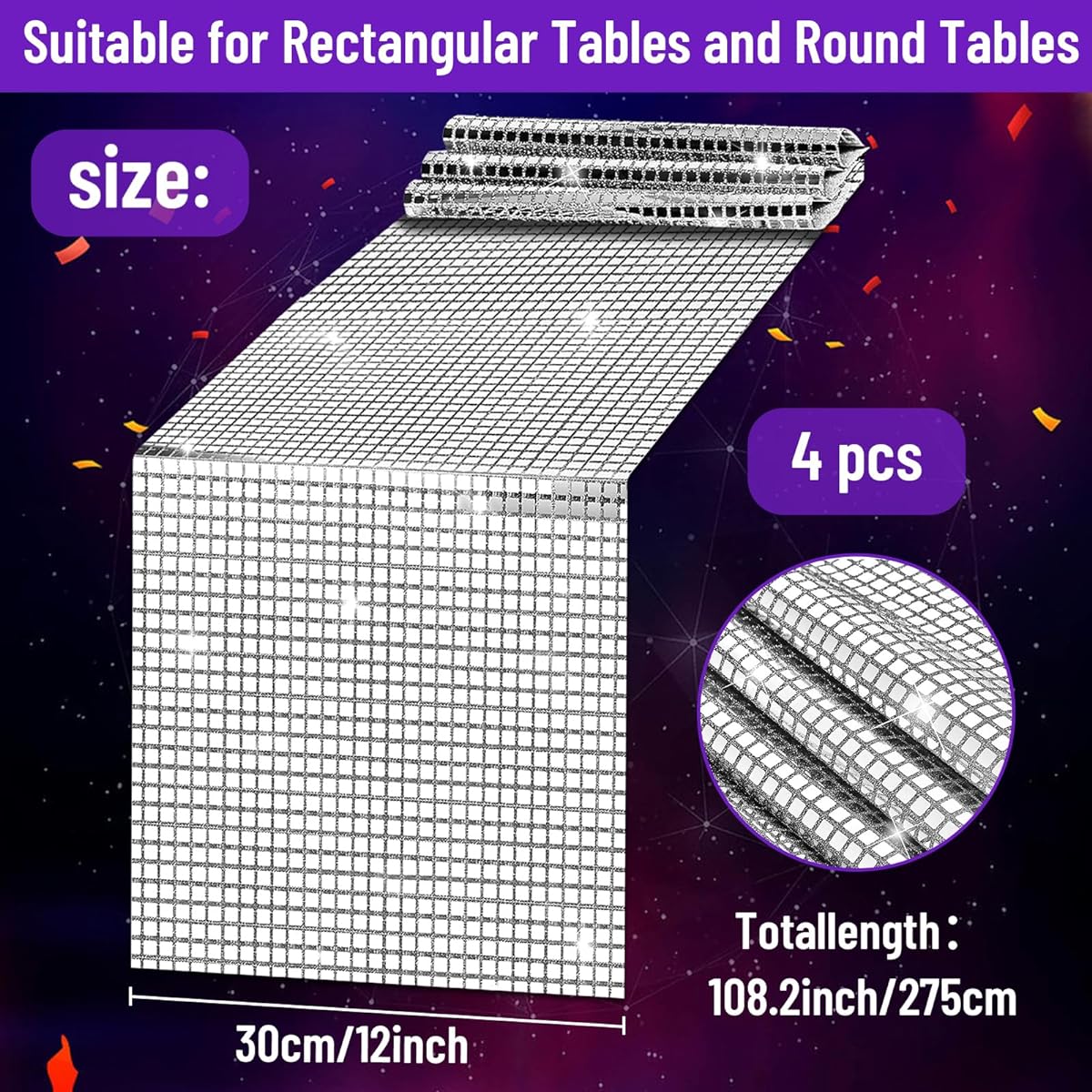 4 Pack 12 x 108 Inch Disco Table Runner Sequin Table Runner Mirror Silver Table Runner Retro 70s 80s Theme Disco Ball Party Wedding Party Christmas Decorations