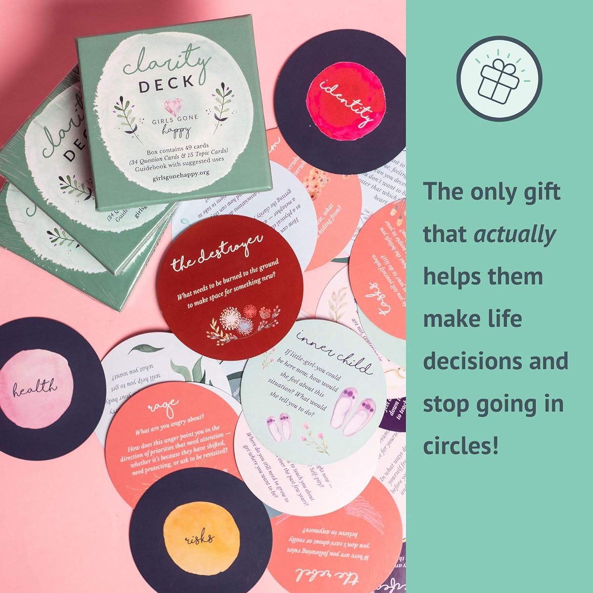 GIRLS GONE Happy Clarity Deck | 49 Questions & Topic Cards for Self-Care, Personal Growth, and Couples | Great Conversation Starters for Deeper Connections with Friends, Family, Partners, and Groups
