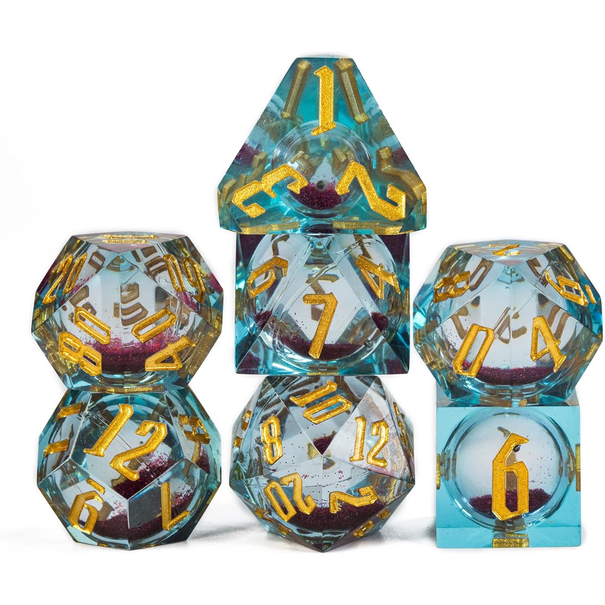 Cusdie Handmade DND Dice Liquid Core Dice Set D&D Quicksand Sharp Dice 7 Piece Polyhedral Dice Set for Dungeons & Dragons RPG MTG and Other Tabletop Games (Purple and Orange)