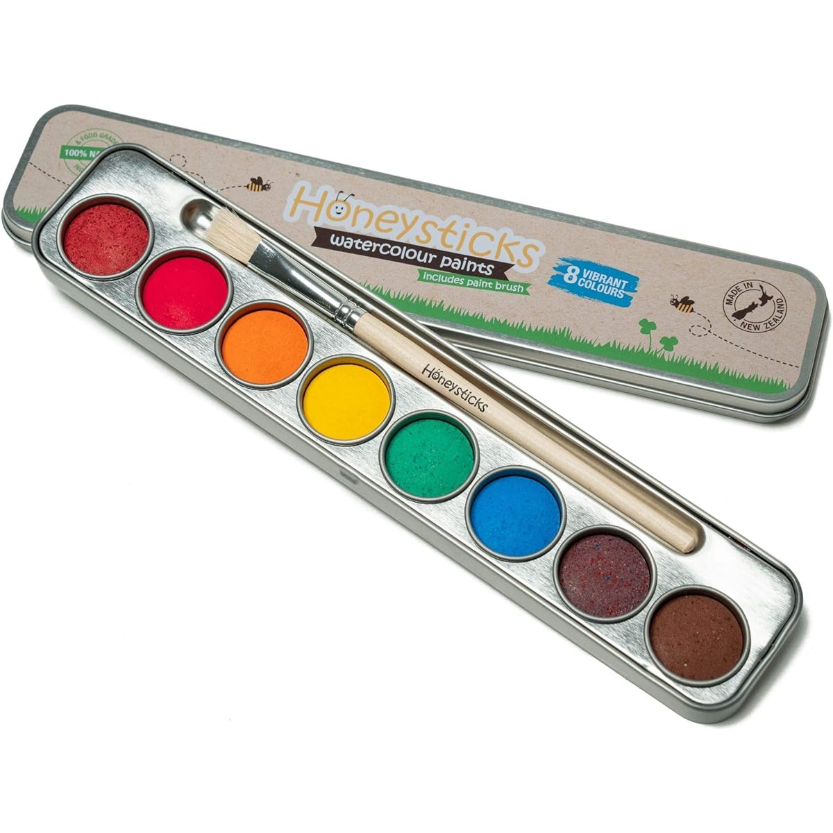 Honeysticks Non-Toxic Watercolor Paint Set for Kids and Toddlers - 8 Vibrant, Long-Lasting Colors with Brushes - Natural and Food Grade Materials - Kid-Safe Art Supplies - Great Gift