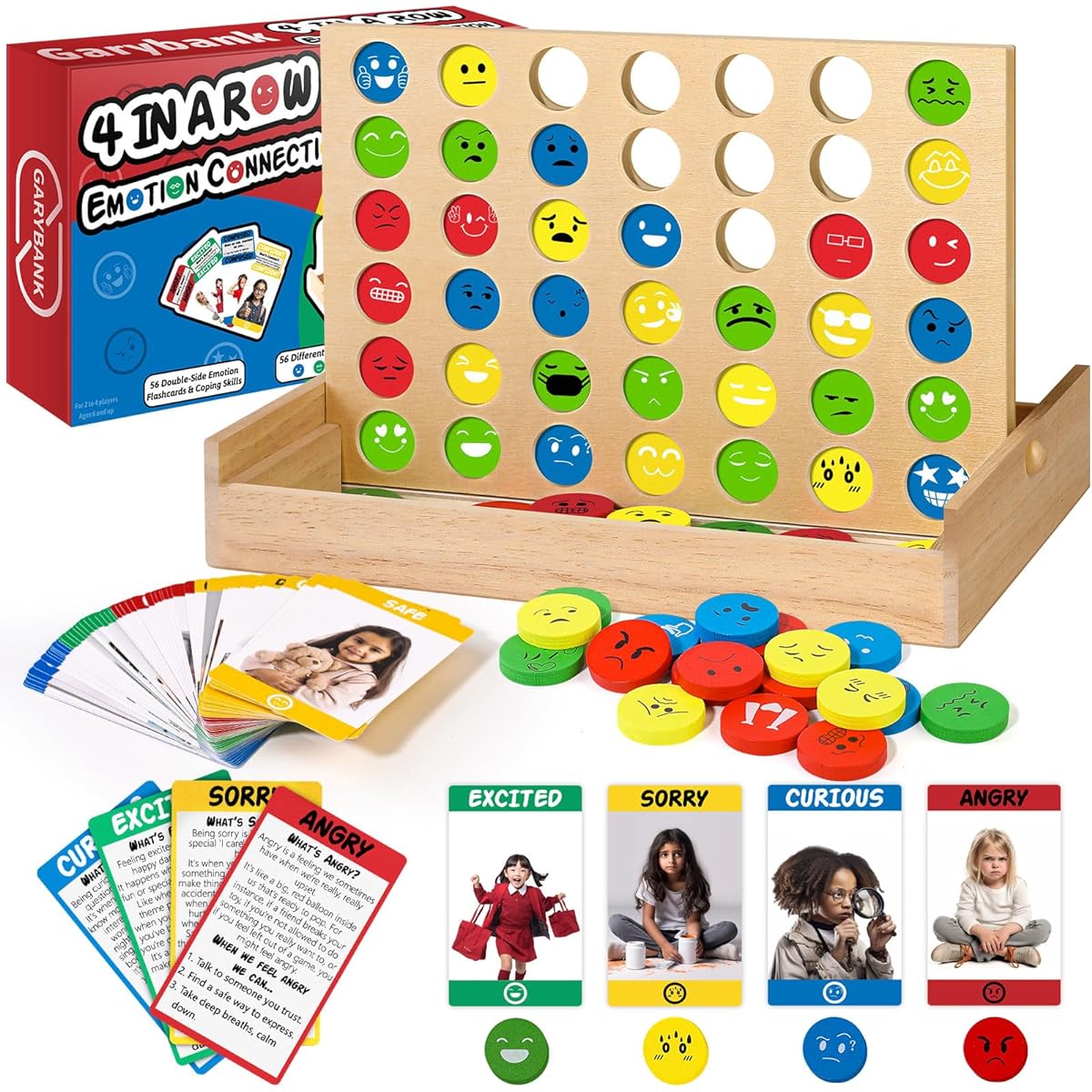 Garybank Social Emotional and Emotional Learning Activities - Connecting 4 Games and 56 Emotion Cards Social Skills Emotion Regulation Toys for Toddlers Counselor's Play Therapy Materials for Kids, All Children, Vibrant Colors.