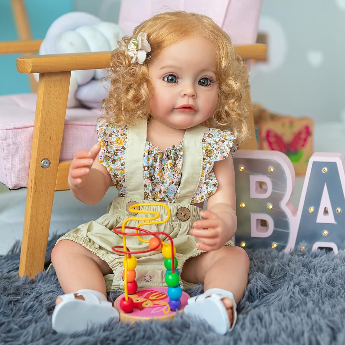 55CM Dress Up Doll Full Body Silicone Reborn Baby Doll Toddler Girl Princess Waterproof Kids Toy Gift, Blonde Curly Hair
