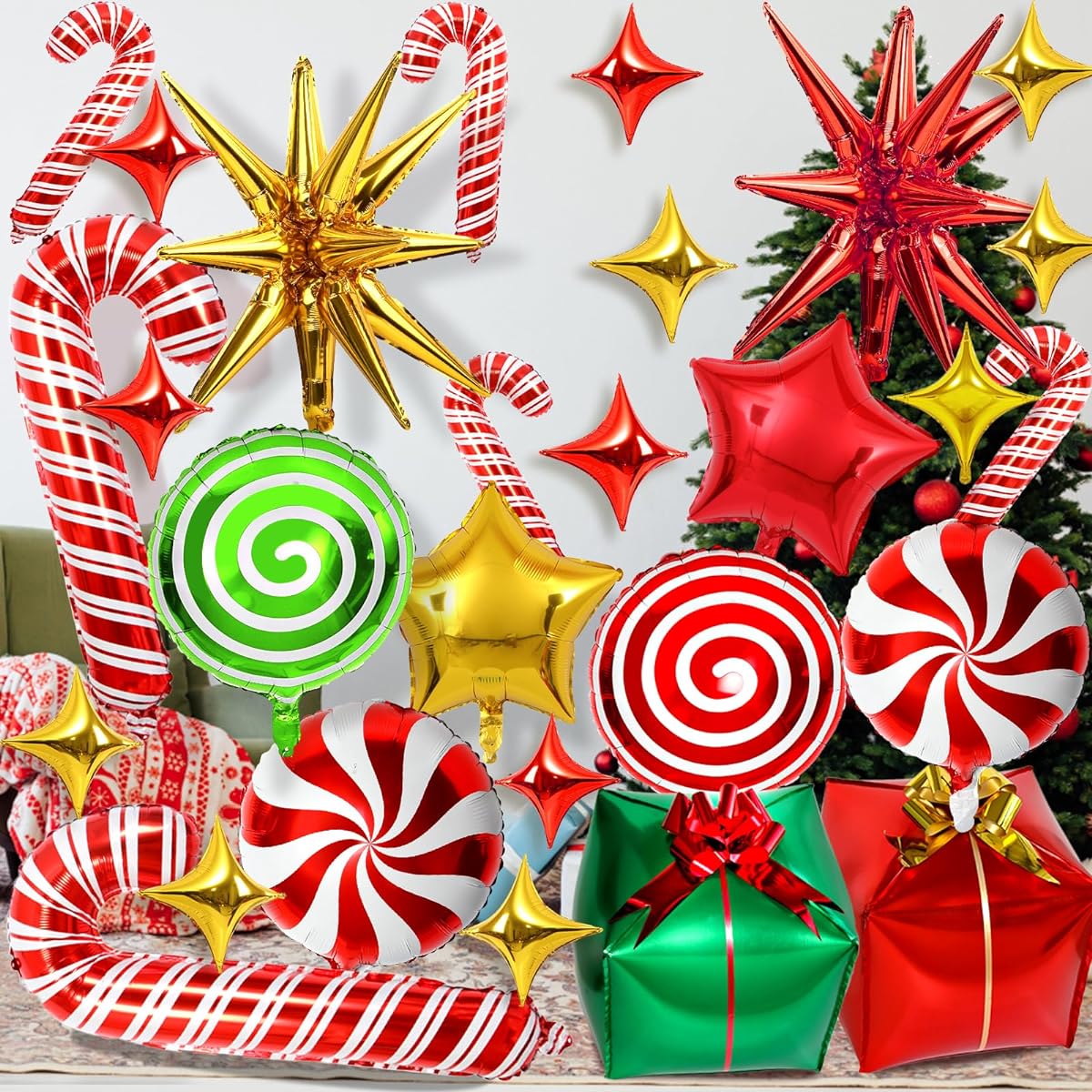 LWBDD Merry Christmas Candy Foil Balloons,Christmas/Birthday Decorations Christmas Party Supplies Christmas Balloons Garland Arch Kit Canes Swirls Mylar Candy Balloons for Winter New Year Holiday Party