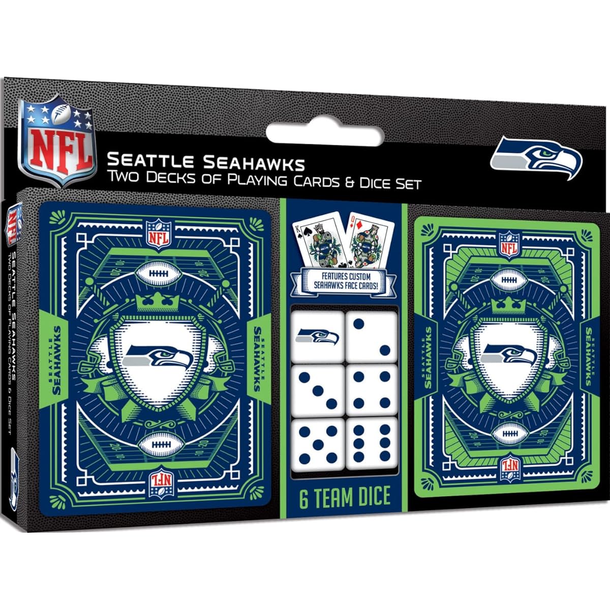 MasterPieces Game Day - NFL Seattle Seahawks 2 Pack Playing Cards & Dice Pack - Officially Licensed Set for Adults and Families