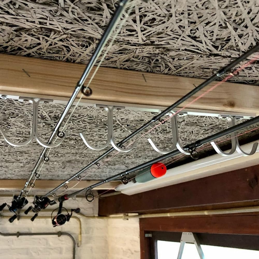 Lucausd Fishing Rod Ceiling Rack Aluminum Alloy 8 Rod Fishing Rod Holder Organizer for Garage Cabin Basement