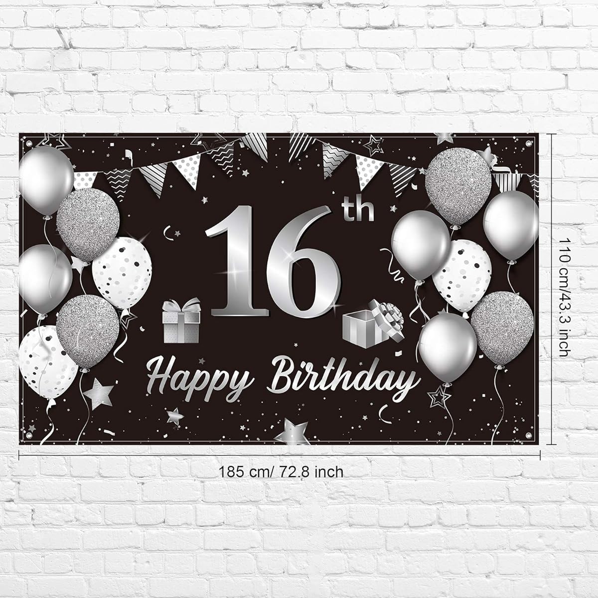 Happy 16th Birthday Backdrop Banner,Extra Large Fabric Black Silver 16th Birthday Sign Poster Photography Background Backdrop Banner 16th Birthday Anniversary Party Decorations 72.8 x 43.3 Inch